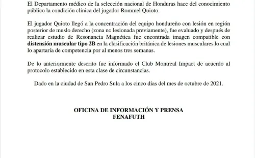 Comunicado sobre el estado físico de Romell Quioto