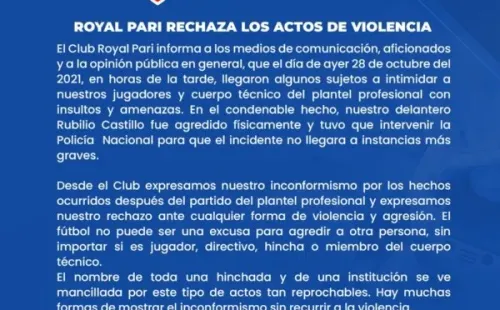 Comunicado del Royal Pari sobre la agresión contra Rubilio Castillo (Foto: Royal Pari)