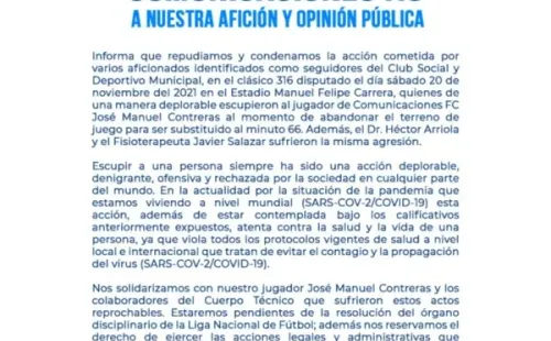 El comunicado emitido por los cremas acerca de los escupitajos (Foto: Comunicaciones)