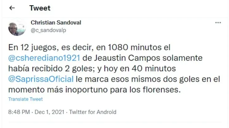 Dato del twitter de Cristian Sandoval
