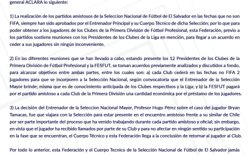 Comunicado oficial de la Federación Salvadoreña de Fútbol