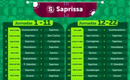 El calendario oficial de Saprissa en el Clausura 2022 (Foto: Unafut)