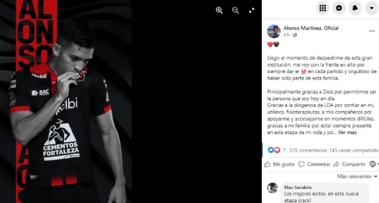 Despedida de Alonso Martínez en sus redes sociales (Alonso Martínez, Facebook)