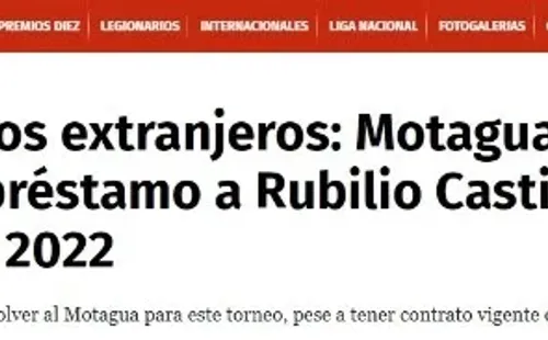 El titular de Diario Diez aseverando que Motagua buscará fichar a préstamo a Rubilio Castillo