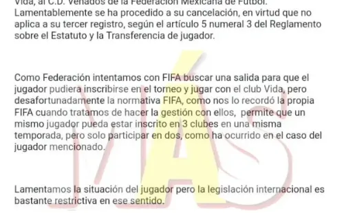 El comunicado que la Fenafuth expidió al Vida sobre el caso (Foto: Diario Más)
