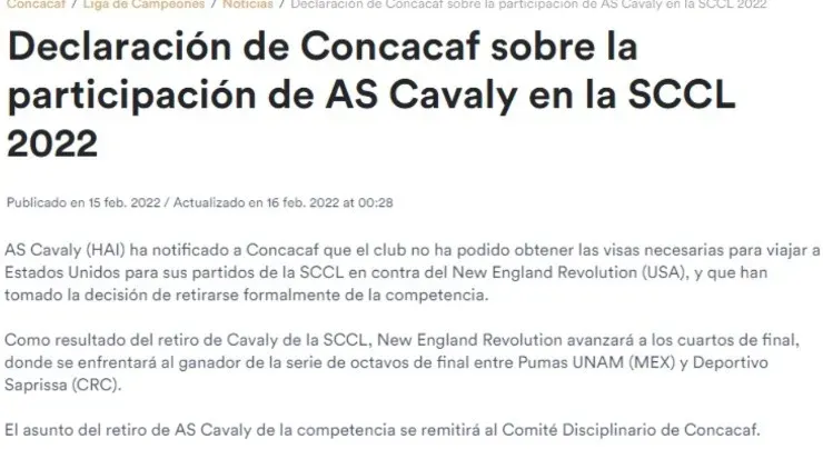 Comunicación oficial emitida por Concacaf (Concacaf, Oficial)