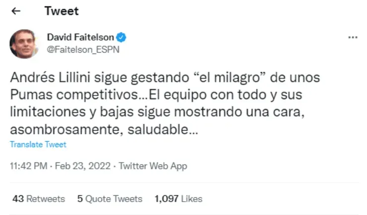 Tuit de David Faitelson (Tweeter)