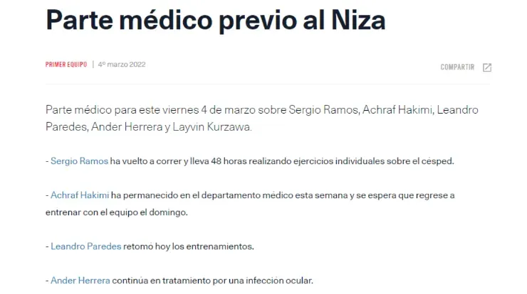 Hakimi inclusive está en duda para la vuelta ante el Real Madrid, sumándose así a Sergio Ramos (Fuente: PSG)