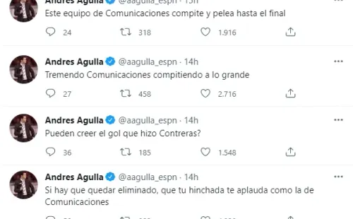 Los tuits de Andrés Agulla elogiando a Comunicaciones