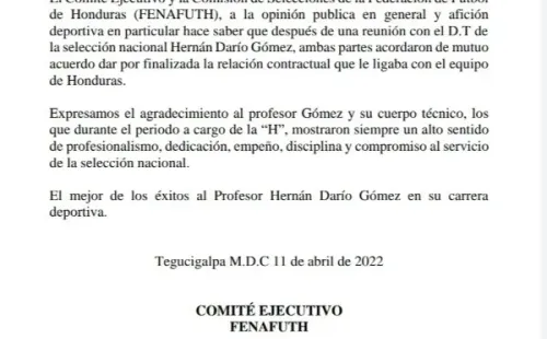 El comunicado de la Fenafuth anunciando la partida del Bolillo Gómez (Foto: Fenafuth)