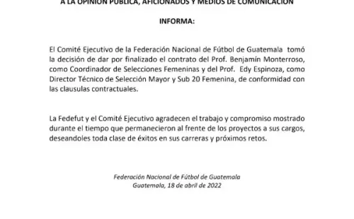 El comunicado de la Fedefut sobre la partida de Edy Espinoza y Benjamín Monterroso de sus respectivos cargos (Foto: Fedefut)