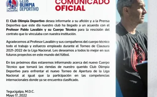 El comunicado del Olimpia anunciando la partida de Pablo Lavallén (Foto: Prensa Olimpia)