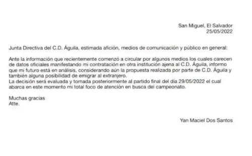 El comunicado que compartió Yan Maciel a los medios.