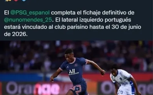 PSG hace oficial el fichaje definitivo de Nuno Mendes (Twitter @PSG_espanol)