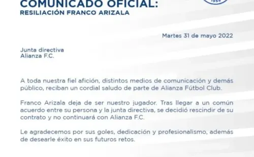 El comunicado del Alianza anunciando la partida de Franco Arizala (Foto: Alianza)