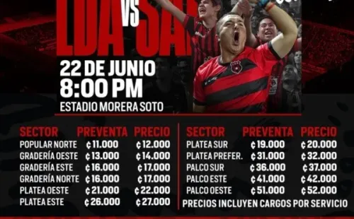 Precios y localidades para la semifinal vuelta entre LDA y Saprissa (LDA)