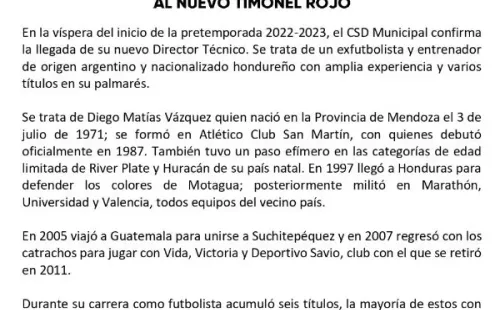 Primera parte del comunicado de Municipal anunciando a Diego Vázquez (Foto: Municipal)