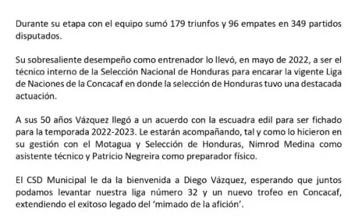 Segunda parte del comunicado de Municipal anunciando a Diego Vázquez (Foto: Municipal)