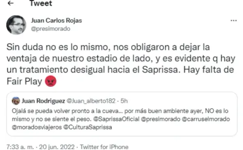 Tuit de Juan Carlos Rojas, Presidente de Saprissa