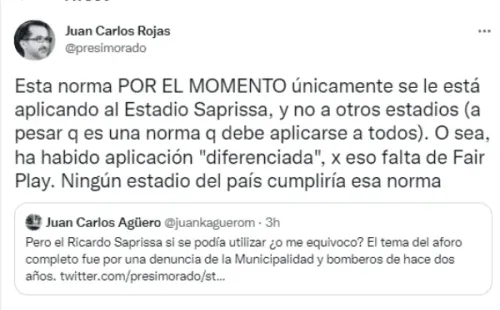 Tuit de Juan Carlos Rojas, Presidente de Saprissa