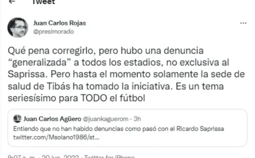 Tuit de Juan Carlos Rojas, Presidente de Saprissa