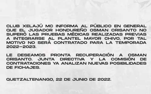 El comunicado que publicó el Xelajúi en sus redes sociales.