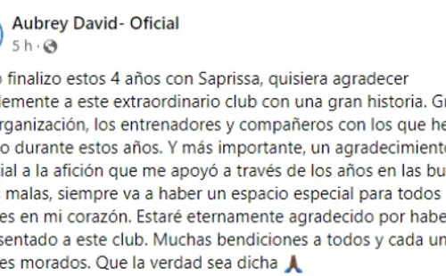 Mensaje de Aubrey en sus redes sociales (Facebook)