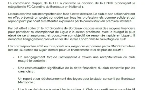 El comunicado del Girondins de Burdeos sobre la decisión de la FFF