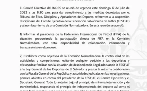 El comunicado de prensa del INDES sobre la Comisión Normalizadora en la Fesfut