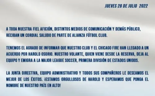 El comunicado del Alianza sobre la partida de Harold Osorio a la MLS (Foto: Alianza)