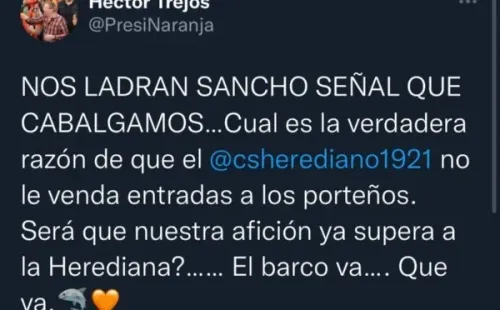 Mensaje publicado por el presidente de Puntarenas FC, Hector Trejos (Twitter)