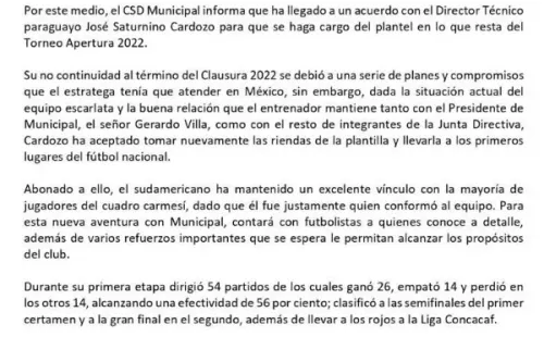El comunicado de Municipal sobre el retorno de José Saturnino Cardozo (Foto: Municipal)