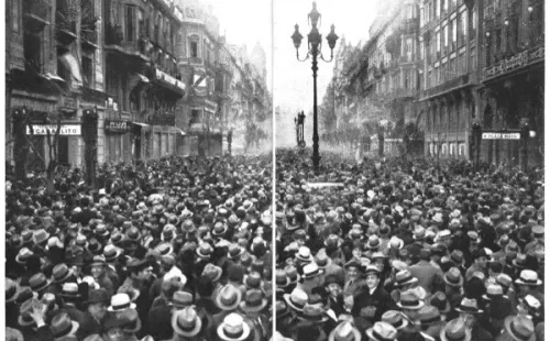 Una multitud escucha por radio el Mundial de 1930 en Avenida de Mayo, pleno centro de Buenos Aires (Foto: Caras y Caretas)