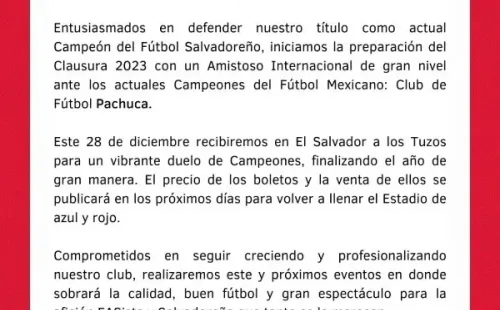 El comunicado del Deportivo FAS sobre el amistoso contra Pachuca (Foto: Deportivo FAS)