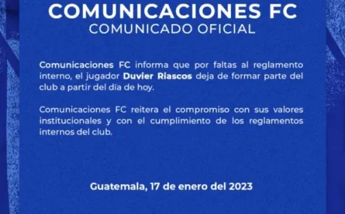 La misiva de Comunicaciones anunciando la partida de Duvier Riascos (Foto: Comunicaciones)