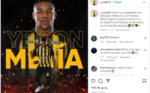 La despedida de Yeison Mejía en sus redes sociales