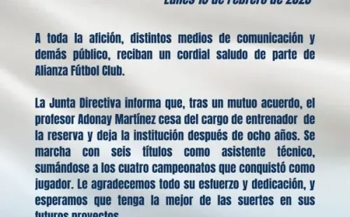 El comunicado del Alianza anunciando la partida de Adonay Martínez (Foto: Prensa Alianza)