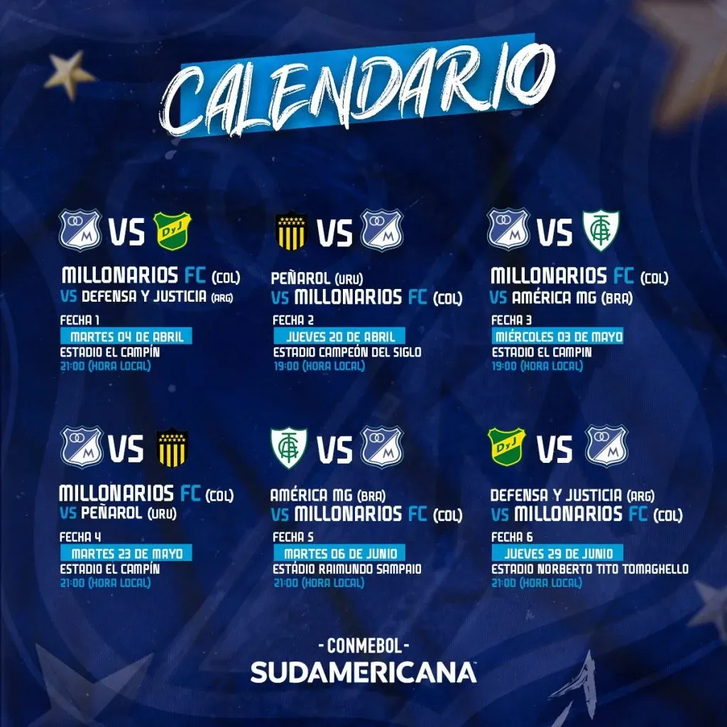 El calendario de Millonarios en la Copa Sudamericana 2023 (Foto: Prensa Millonarios)