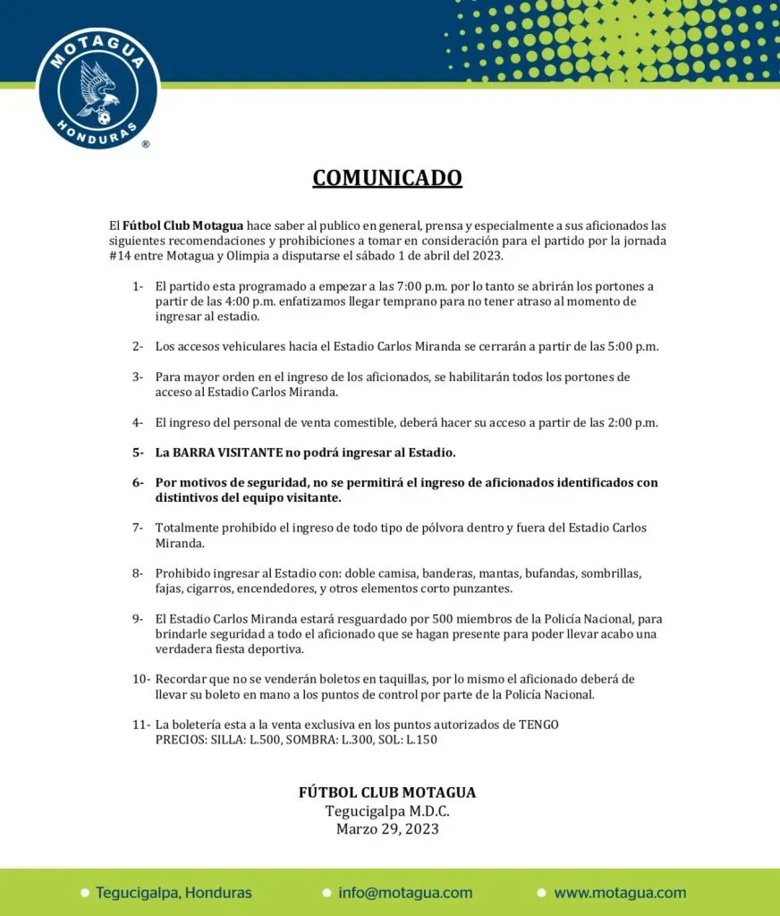 Prohibiciones para el clásico Motagua-Olimpia (FC Motagua)