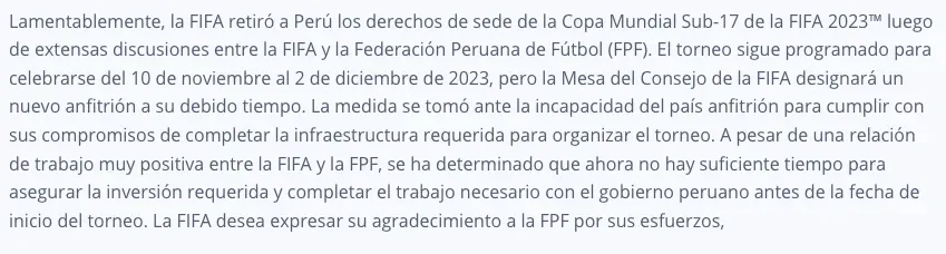 Comunicado oficial de la FIFA