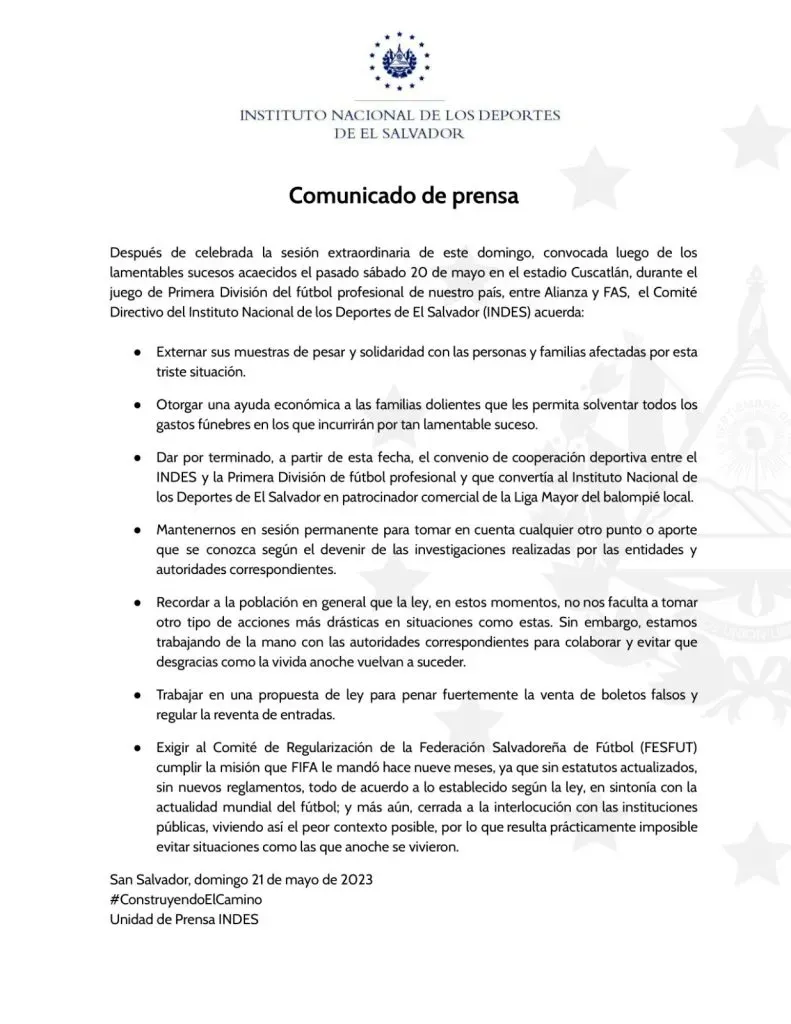 El comunicado del INDES tras la tragedia en el Estadio Cuscatlán (Foto: INDES)