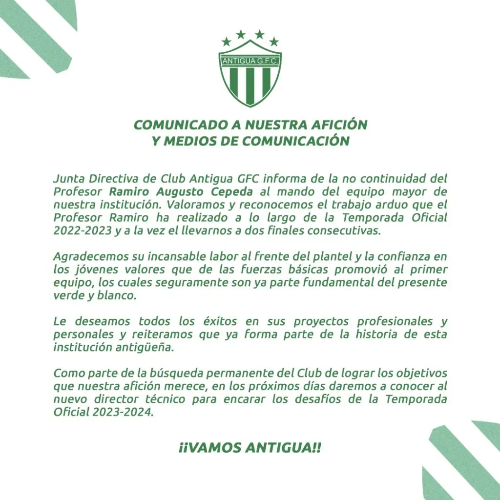 Antigua GFC anunció la salida de Cepeda mediante un comunicado.