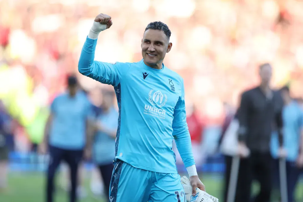 Keylor Navas of Nottingham Forest celebrates after the team’s victor. (Photo by Catherine Ivill/Getty Images)