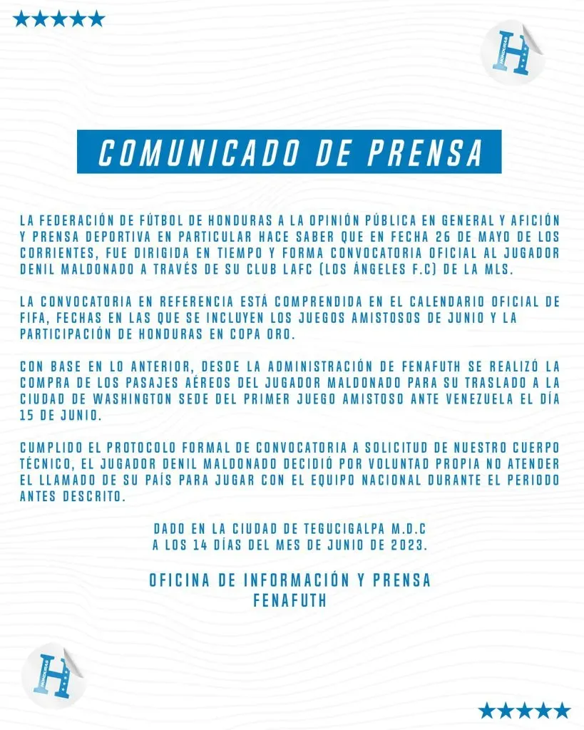 El comunicado de Fenafuth tras la baja de Denil Maldonado (Foto: Fenafuth)