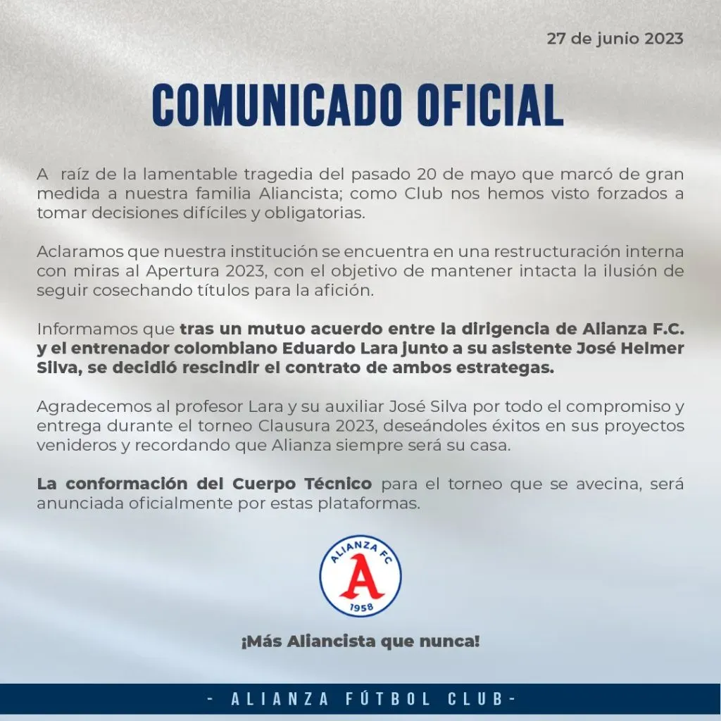 El comunicado de Alianza sobre el despido de Eduardo Lara.