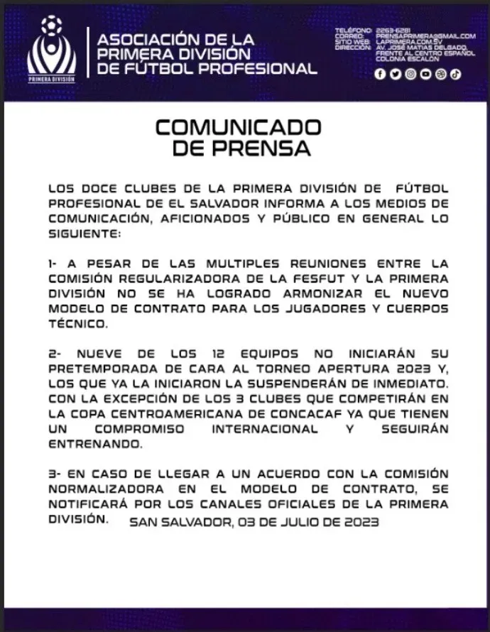 Comunicado de Primera División sobre falta de acuerdos con la FESFUT y suspensión de pretemporada