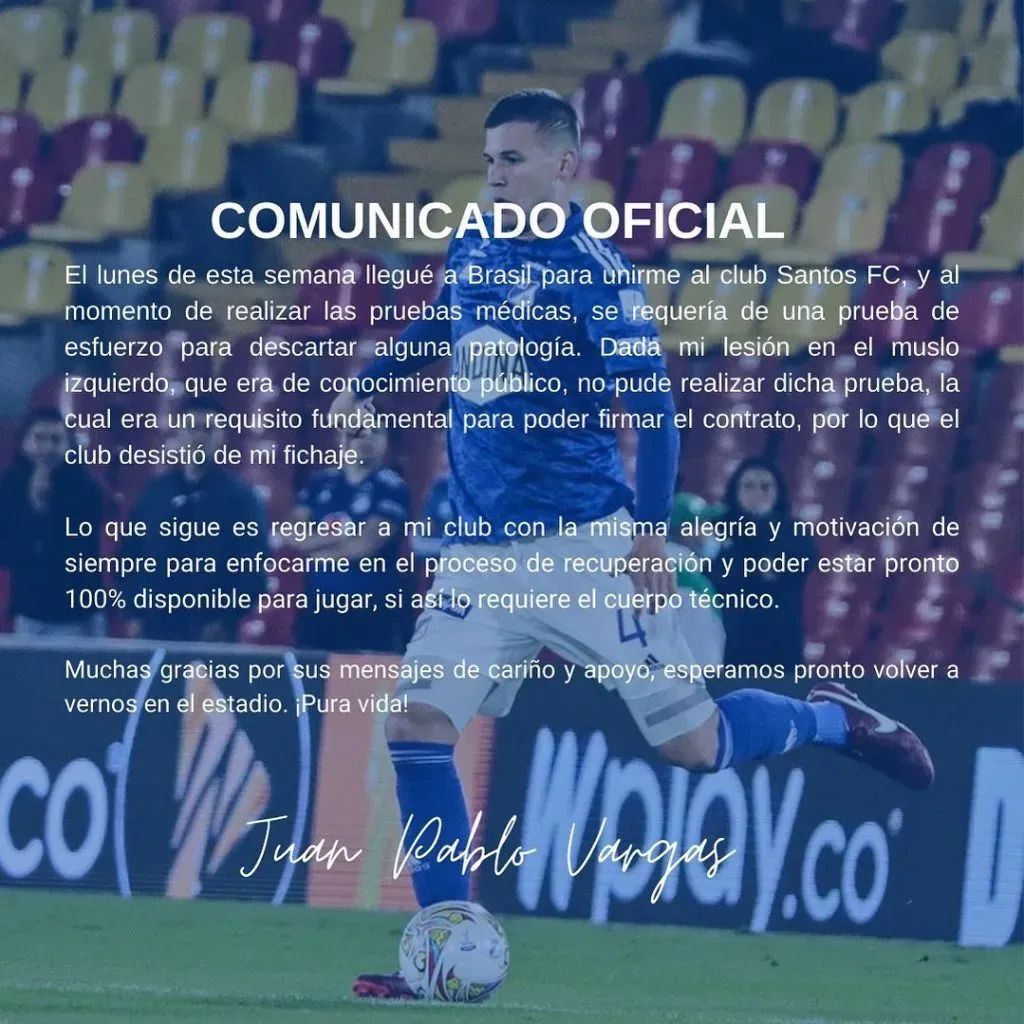 El comunicado que publicó Juan Pablo Vargas en sus redes sociales.