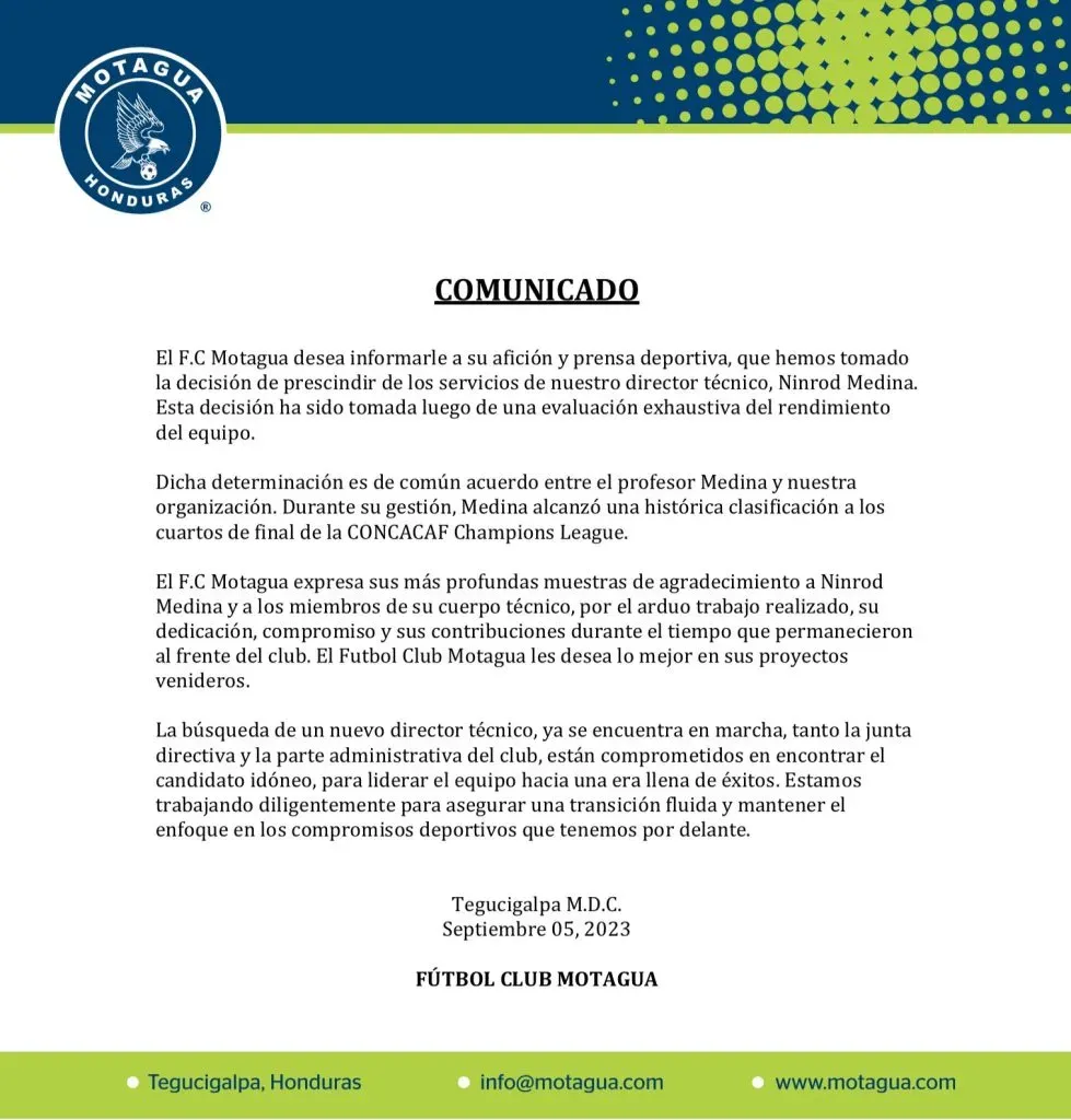 El comunicado de Motagua anunciando la salida de NInrod Medina.