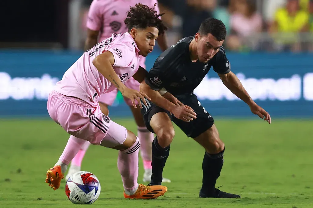 David Ruiz of Inter Miami CF battles for the ball in the second half during a match. (Photo by Megan Briggs/Getty Images)
