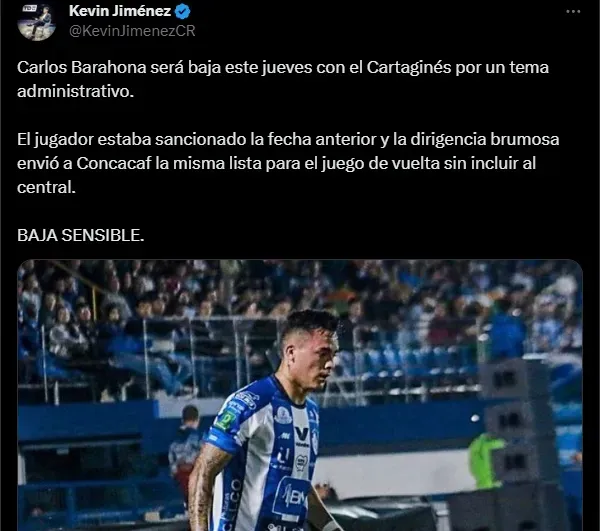 Carlos Barahona no podrá estar por un tema administrativo.